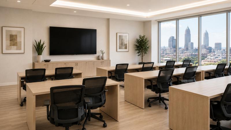 Training room with folding tables and stacking chairs set up for class